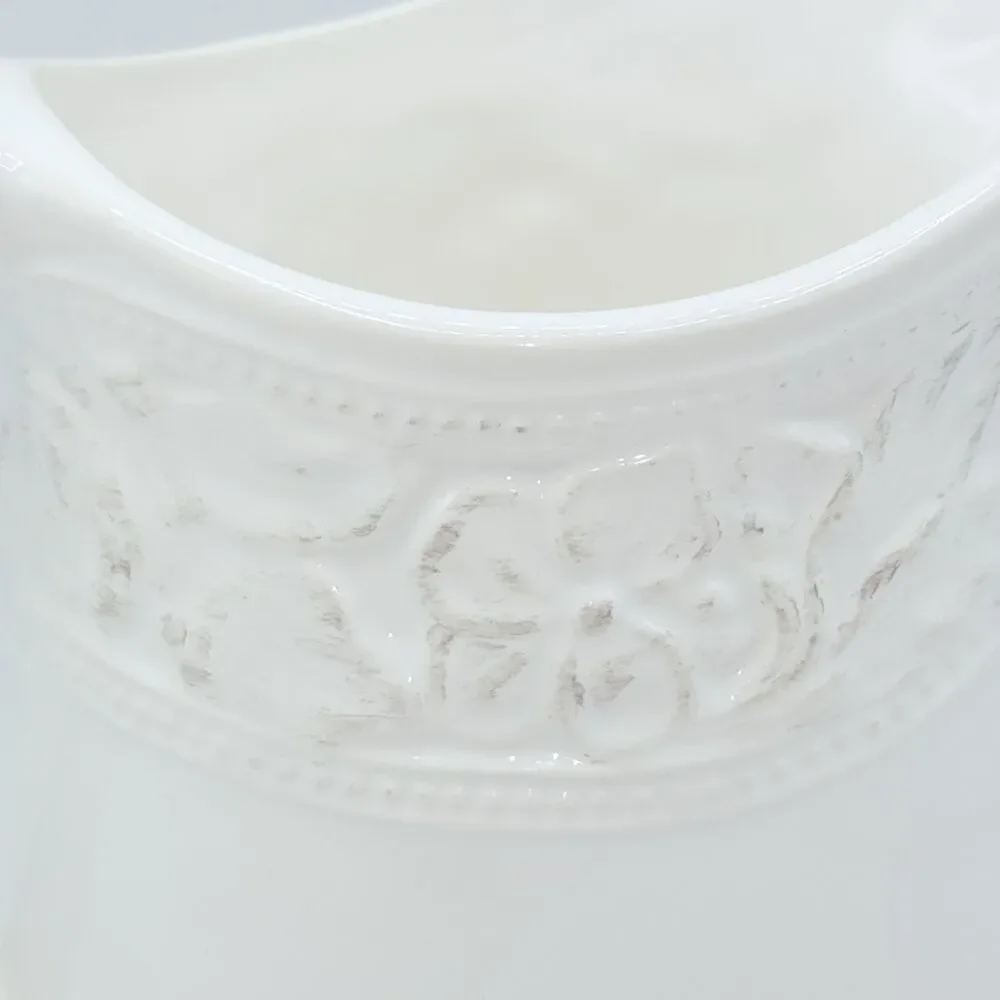 Pfaltzgraff Country Cupboard 7in Vintage Pitcher Vase Ivory Embossed Floral Band